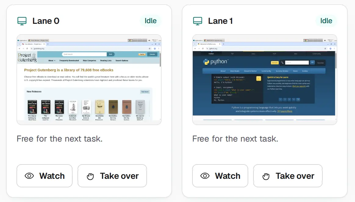 The portal's Computer page: Lane 0 and Lane 1 each show a live public web page, with a Watch and a Take over button